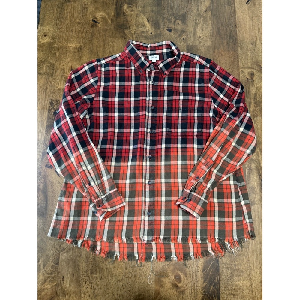 EUC Womens BKE Buckle Shirt Plaid Raw Edge Hem Boho Long Sleeve Button Up size M